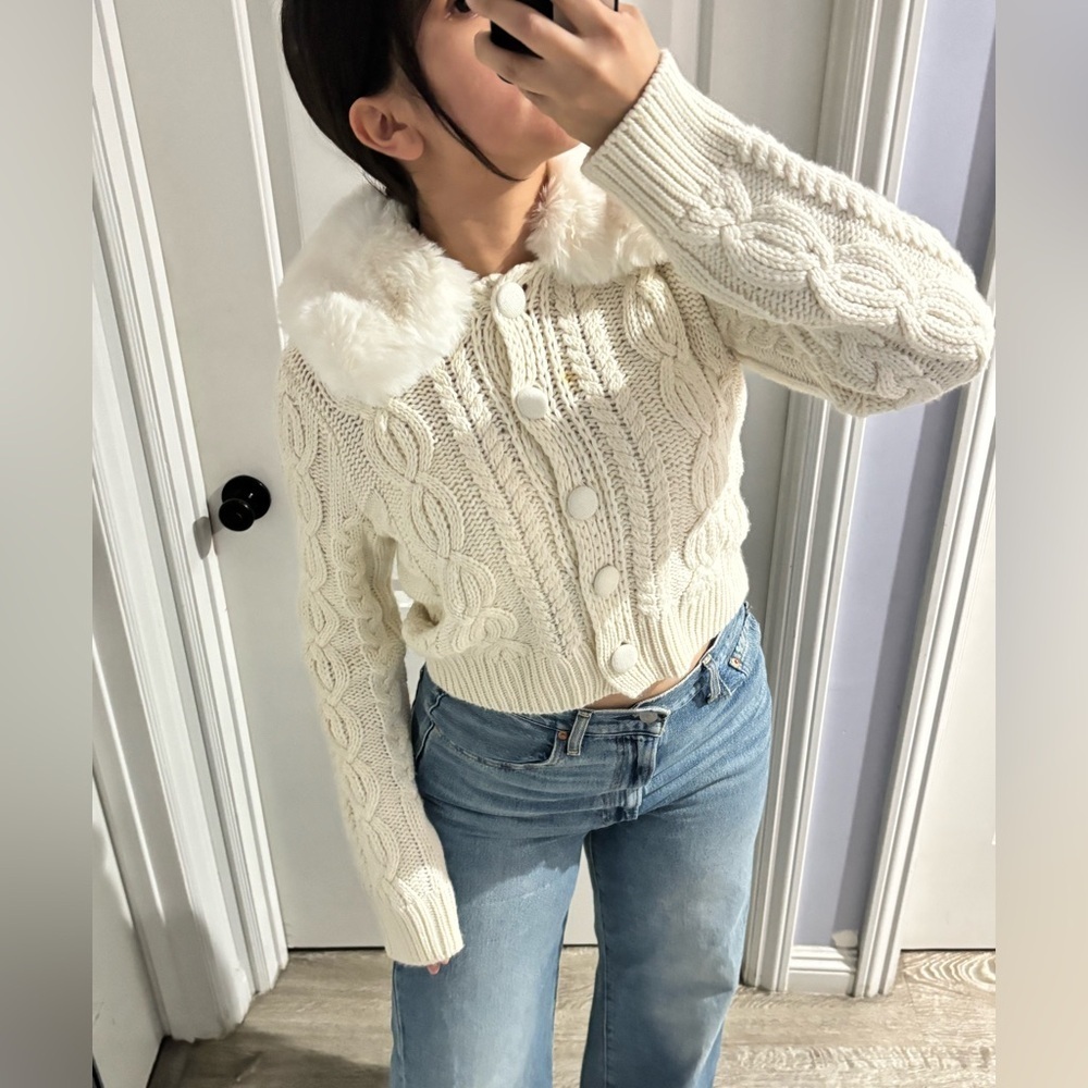 AQUA  White/Cream Faux Fur Collar Cardigan - 100% Exclusive | Bloomingdale's